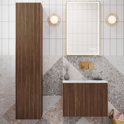 product lifestyle image of crosswater limit royal walnut wall hung tower unit lm3516frwan - front angle in grey and white tiled bathroom next to matching vanity